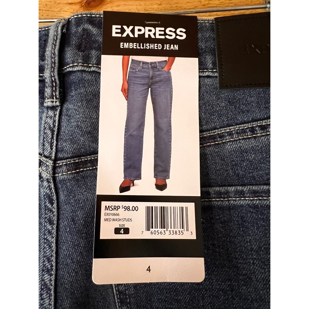 Express‎ Embellished Studded Straight Leg Jeans Medium Wash Blue Size 4 NEW - Picture 4 of 4